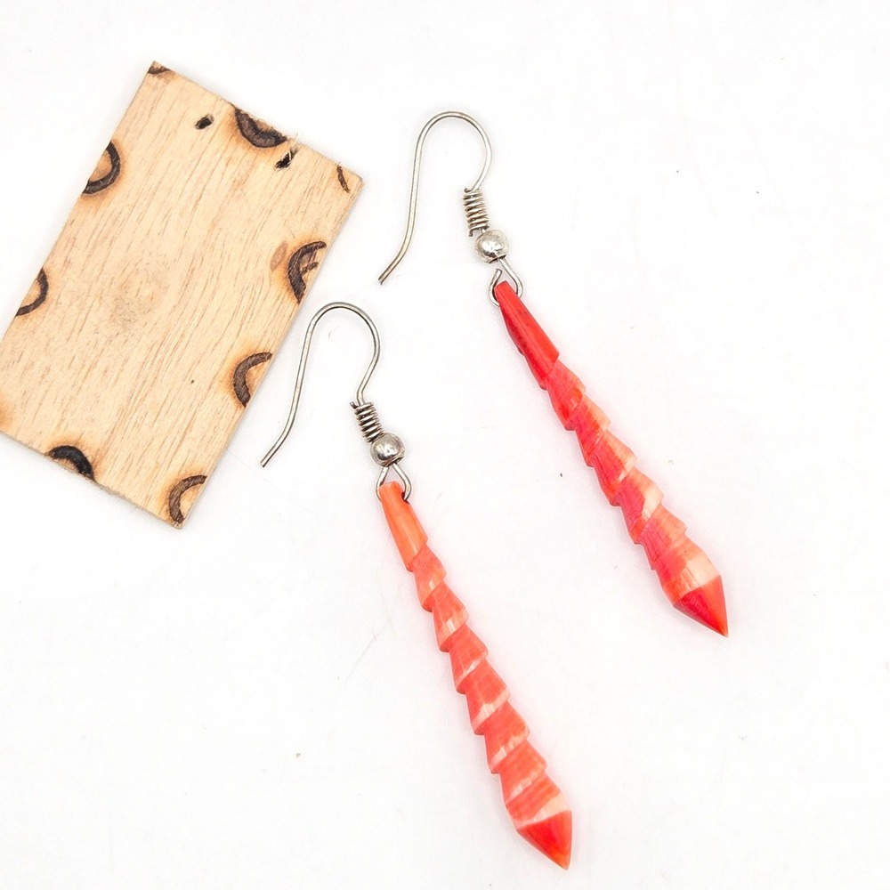 Handmade Red Orange Carved Shell Spiral Cone Drop Earrings Silver Tone Hooks - Picture 2 of 7